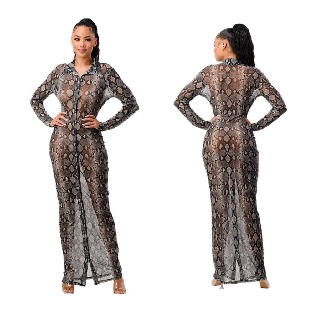 Maxi mesh dress with collar / snake print
